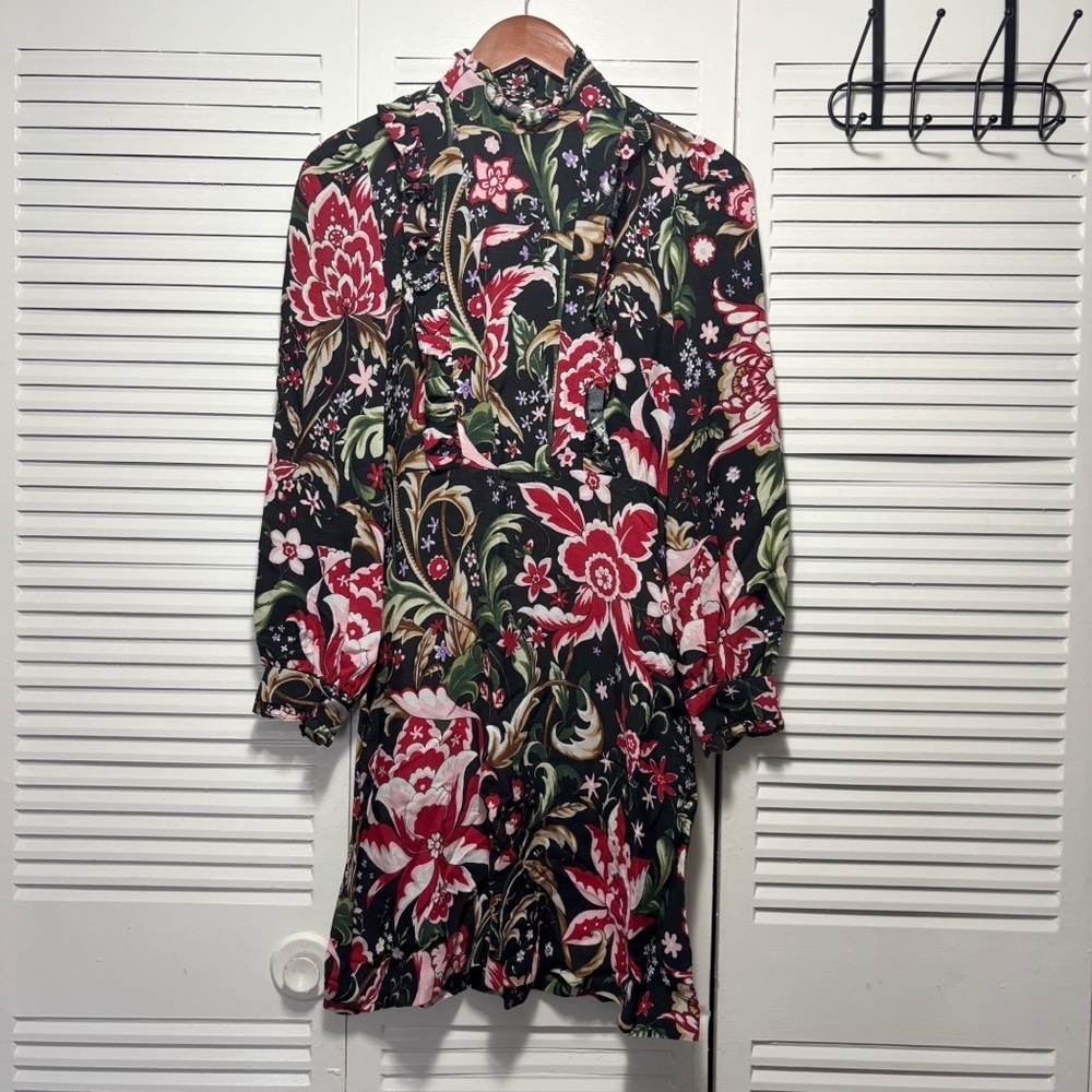 Zara Woman Black and Red Lace Floral Printed Long Sleeve Frill Dress Size X